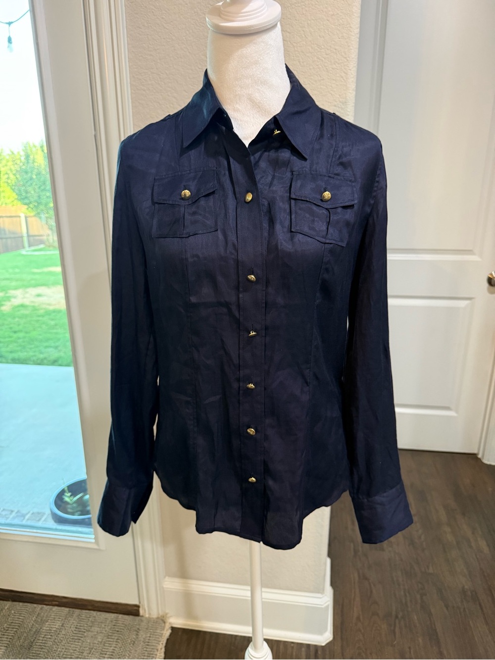 Banana Republic Navy Button-Up Blouse with Gold Buttons